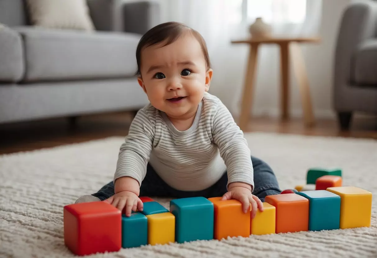 A 9-month-old playing with colorful blocks, reaching for toys, and crawling on a soft, padded mat