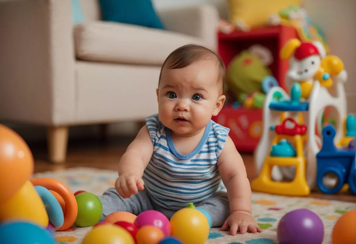 A 10-month-old baby sits surrounded by colorful toys, babbling and making eye contact with a caregiver. The caregiver engages the baby in interactive games and songs, promoting social and communication skills