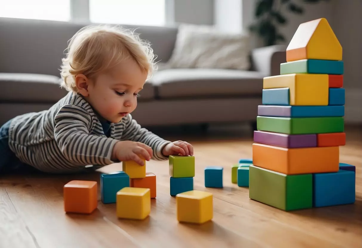 A 20-month-old playing with colorful blocks, stacking and knocking them down. Nearby, a parent reading a board book to the child