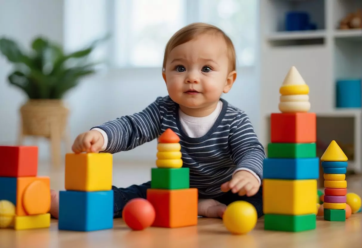 A 20-month-old toddler stacking colorful blocks, pointing to body parts, and imitating animal sounds while playing with toys