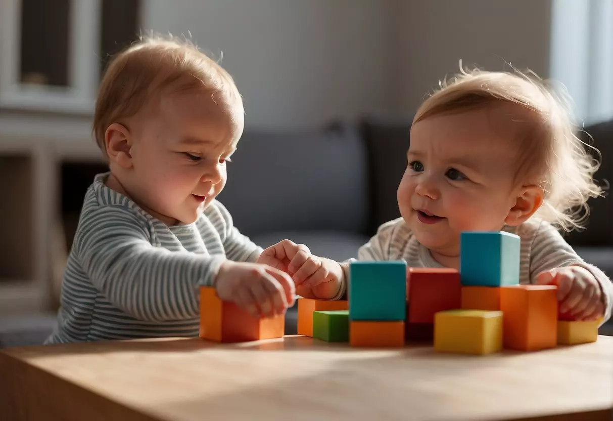 An 11-month-old playing with colorful blocks and babbling, while a caregiver engages in conversation and reads a board book