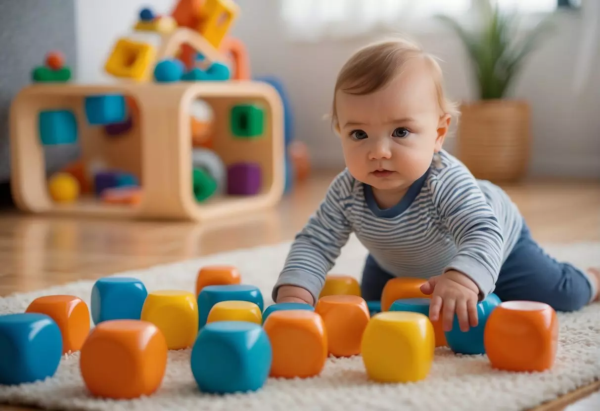 A 12-month-old playing with colorful blocks, reaching for a soft toy, and crawling on a padded mat