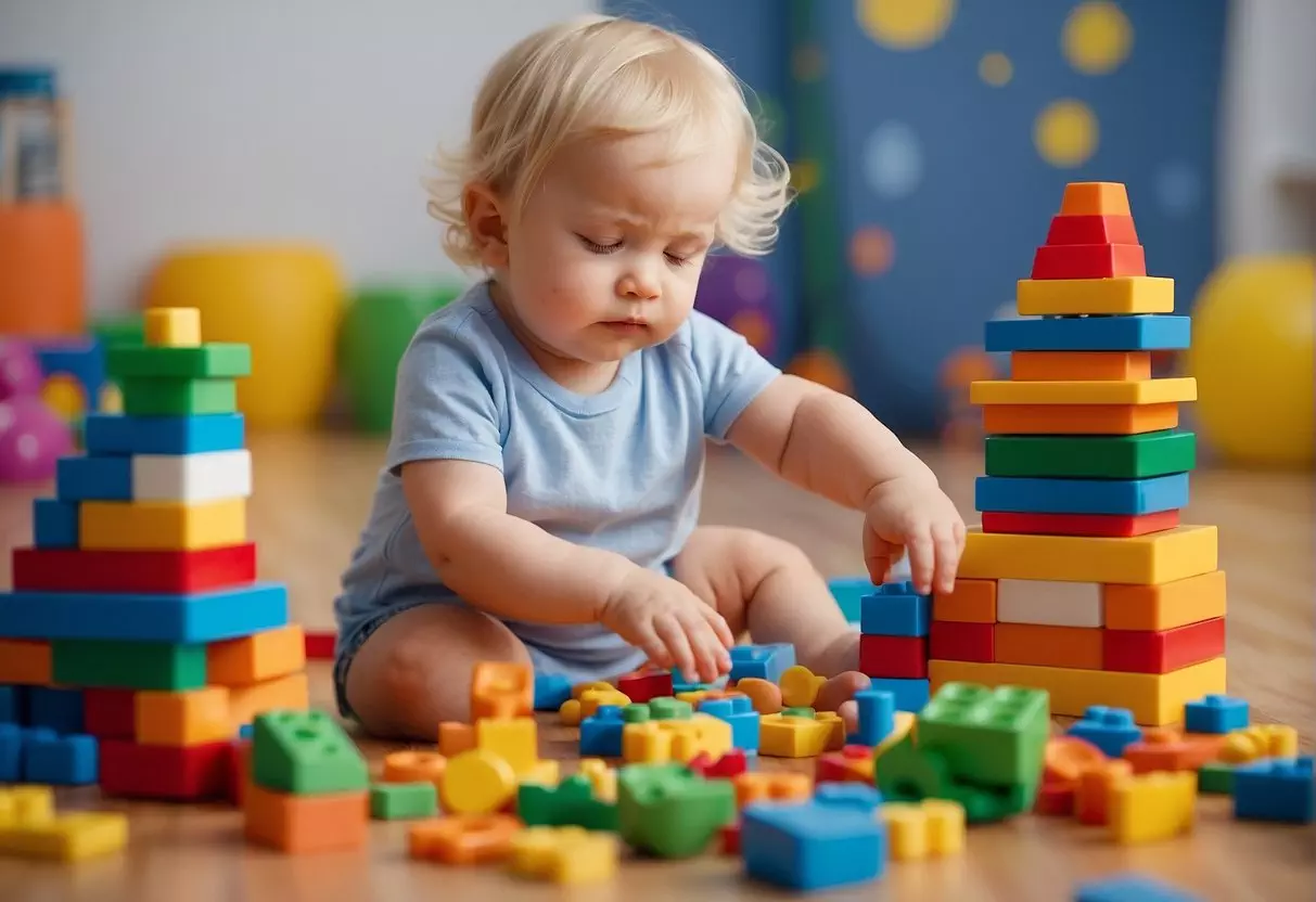 A 22-month-old playing with building blocks, stacking and knocking them down. A parent reading a board book to the child. A colorful play mat with toys scattered around