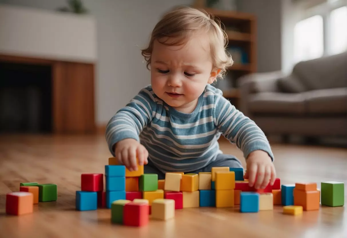 A 30-month-old playing with blocks, stacking and knocking them down. Nearby, they are flipping through a picture book, pointing and naming objects