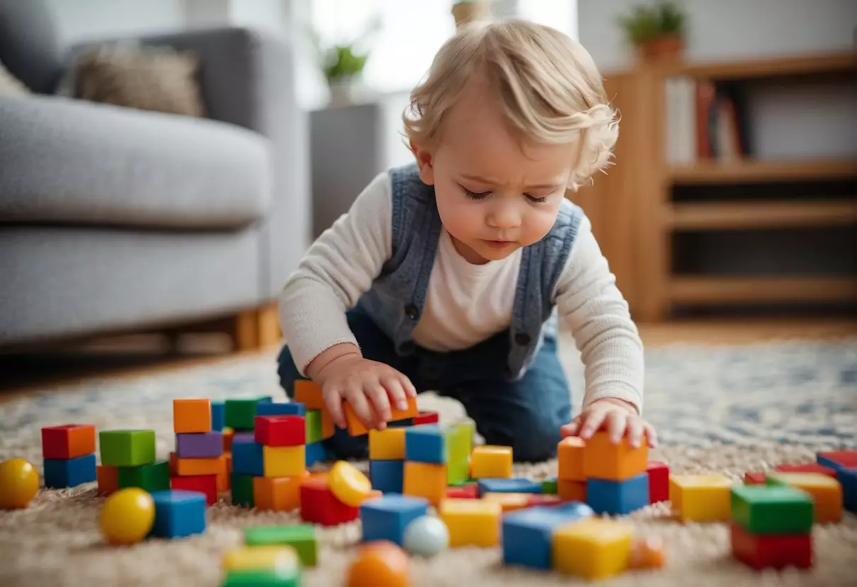 An 18-month-old playing with colorful blocks, stacking and knocking them down. A parent reading a board book to the child. A toy car being pushed along the floor