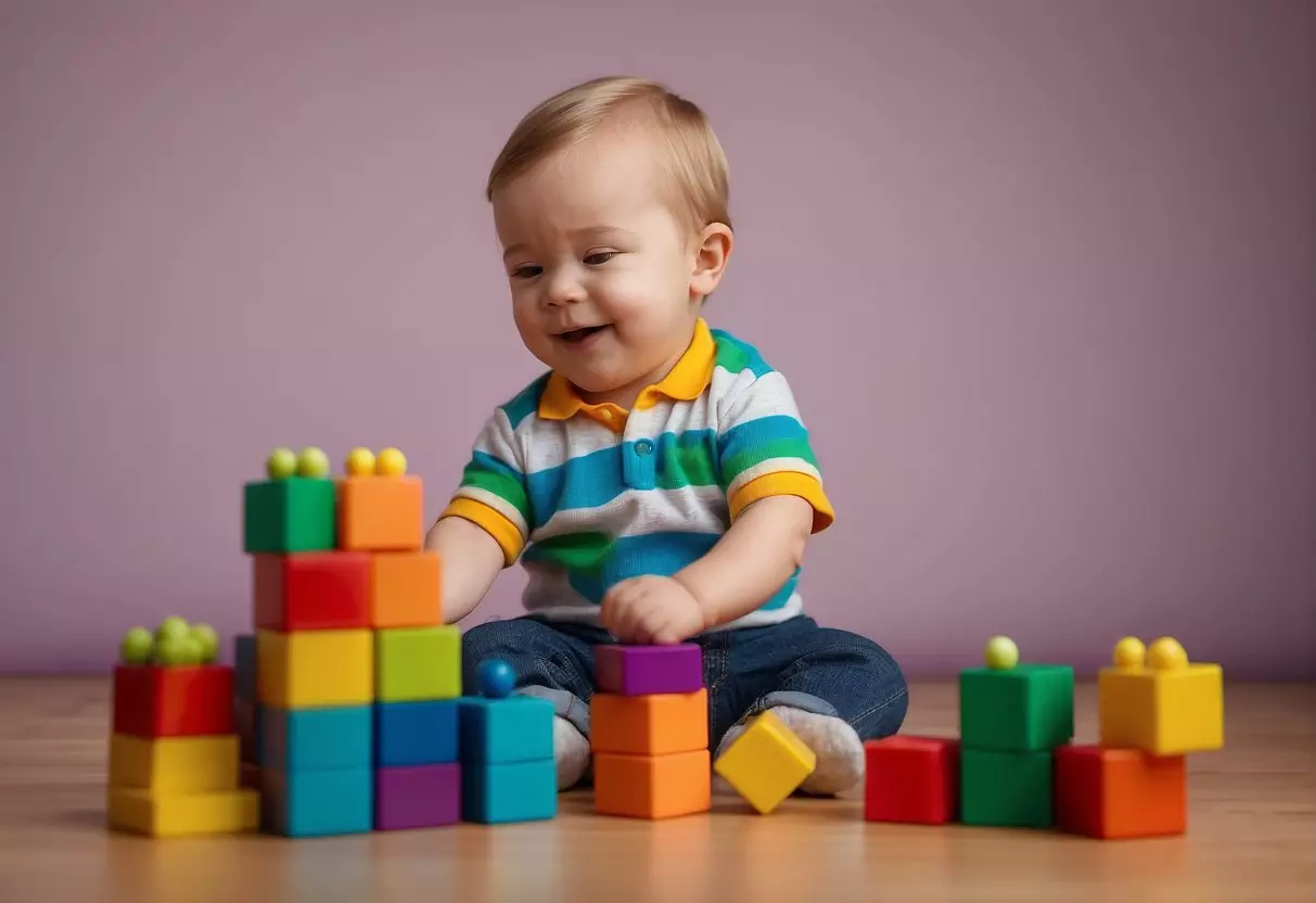 A toddler stacking colorful blocks, while a plush toy watches. A child's book lies open nearby, with crayons and paper for drawing