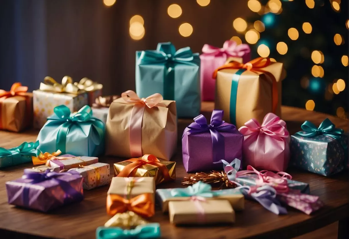 Goodie bags and parting gifts arranged on a table at a sleepover. Ribbons and colorful wrapping paper add to the festive display