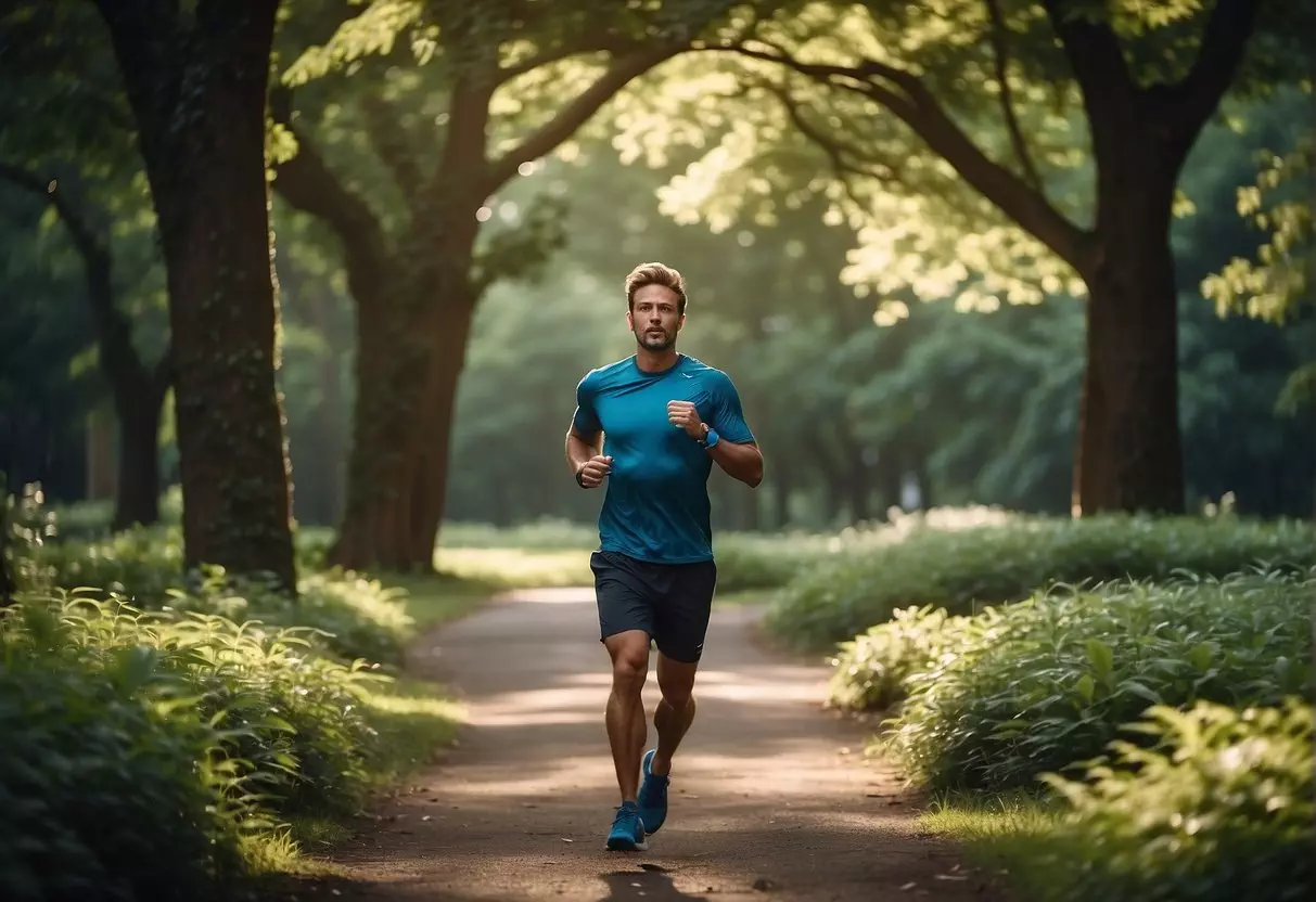 A person is jogging in a serene park, surrounded by lush greenery and tall trees. They are wearing comfortable workout clothes and are carrying a water bottle