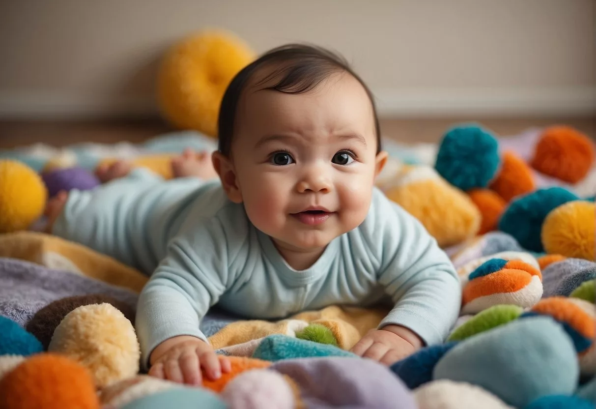 A 7-month-old baby lying on a soft blanket surrounded by colorful toys, smiling and reaching out to touch and explore the objects around them