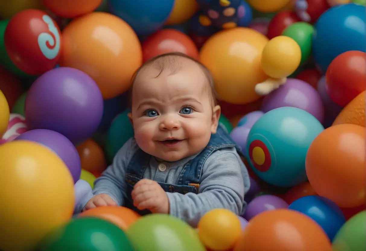 A 5-month-old baby lying on a soft play mat surrounded by colorful toys. They are reaching for and grasping at the toys, smiling and making cooing sounds