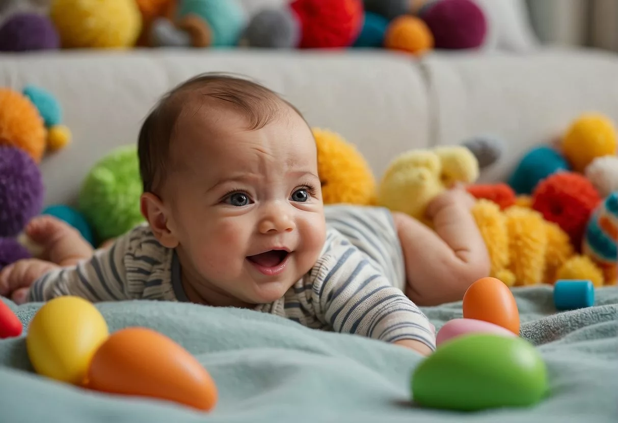 A 2-month-old baby lying on a soft blanket surrounded by colorful toys and mobiles. The baby is reaching and kicking, engaging in tummy time and grasping at hanging objects