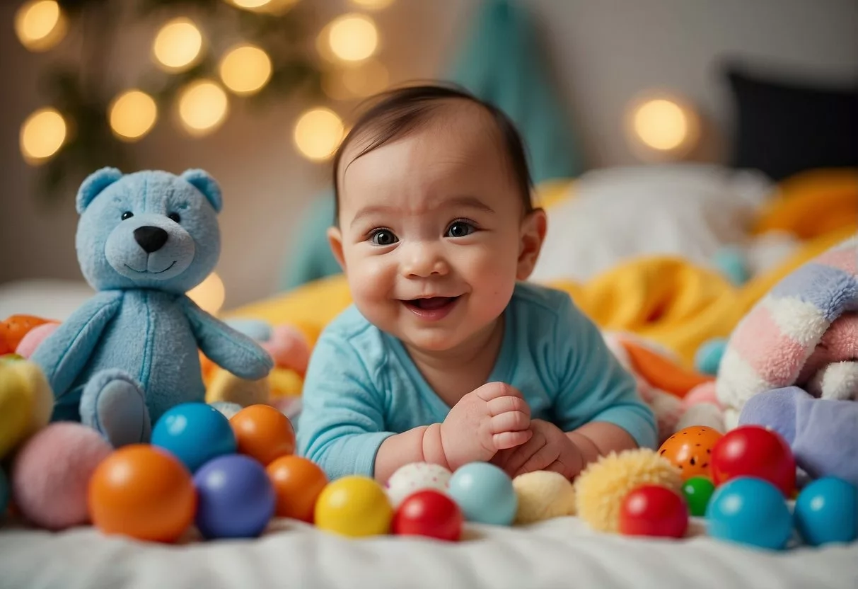 A 2-month-old baby lying on a soft blanket surrounded by colorful toys. A caregiver smiles and talks to the baby, creating a warm and engaging atmosphere