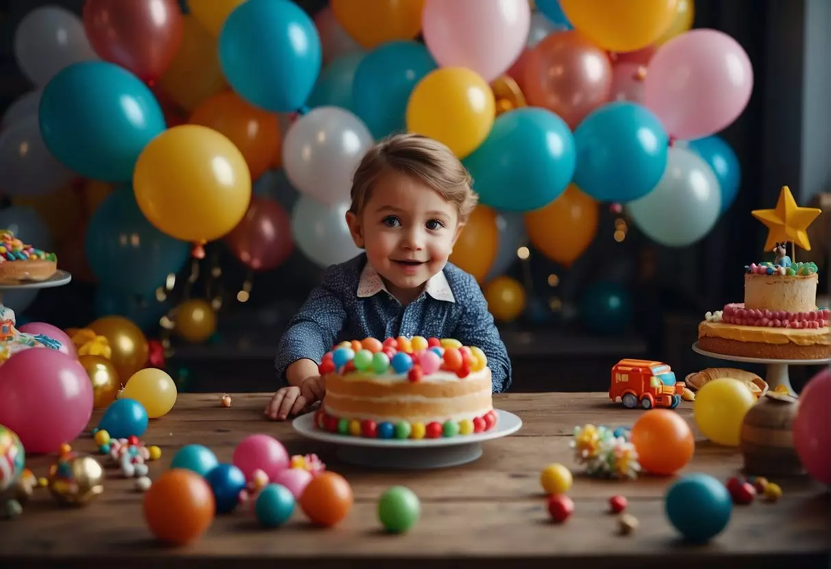 Children playing with colorful balloons and toys, surrounded by festive decorations and a birthday cake