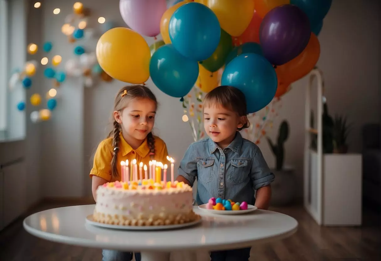 Children playing with colorful balloons and blowing out candles on a birthday cake. Gifts and decorations fill the room