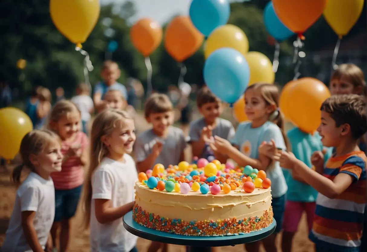 A colorful playground with balloons and a cake, surrounded by happy children playing games and enjoying the festivities