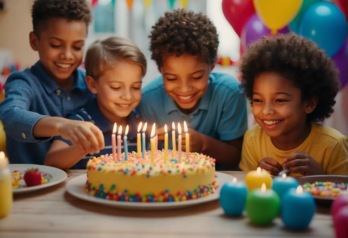 Children playing games, blowing out candles, opening presents, and eating cake at a colorful birthday party