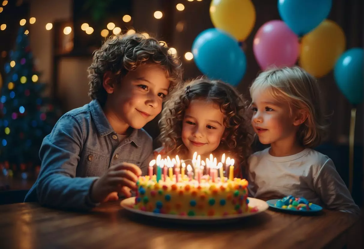 Children play games, blow out candles, and open presents at a colorful 5th birthday party