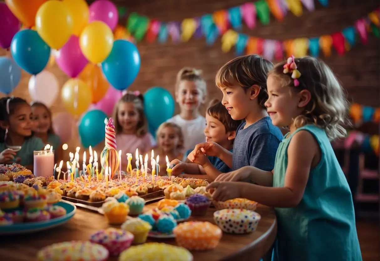 Children playing games, blowing up balloons, decorating cupcakes, and setting up a colorful party table with streamers and party hats