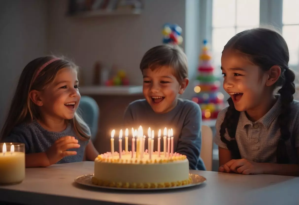 Children playing games, blowing out candles on a cake, opening presents, and laughing at a 6th birthday party