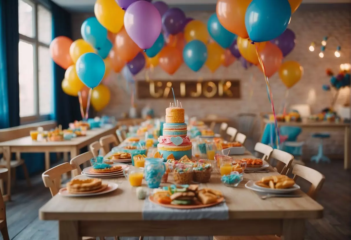 A colorful room with balloons, streamers, and a birthday banner. Tables are set with crafts, games, and treats. Children laugh and play