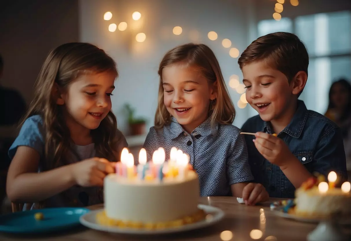 Children playing games, blowing out candles, opening presents, and eating cake at a birthday party