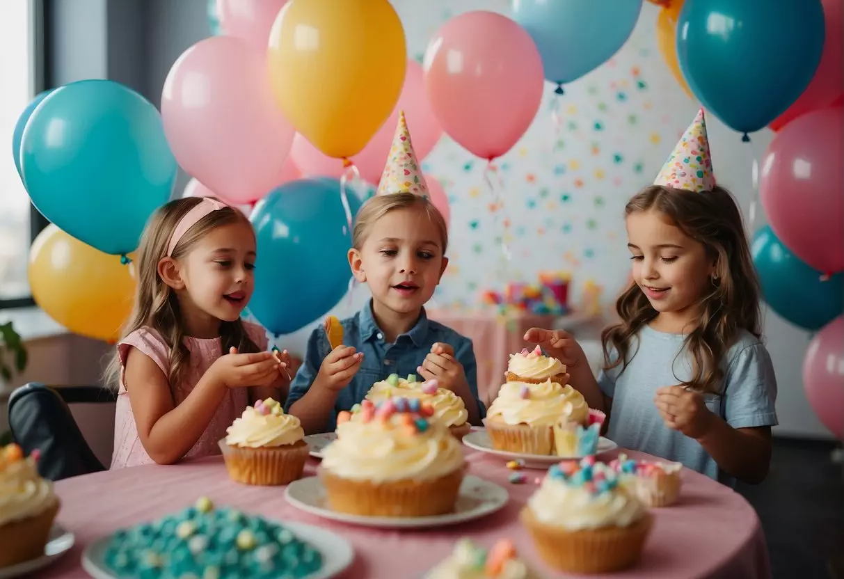 Children playing games, blowing up balloons, and decorating cupcakes at a colorful birthday party