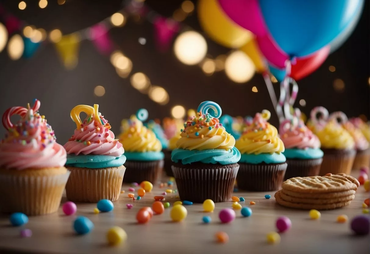 Colorful cupcakes, cookies, and candies spread across a table. Balloons and streamers decorate the room. Children play games and laugh