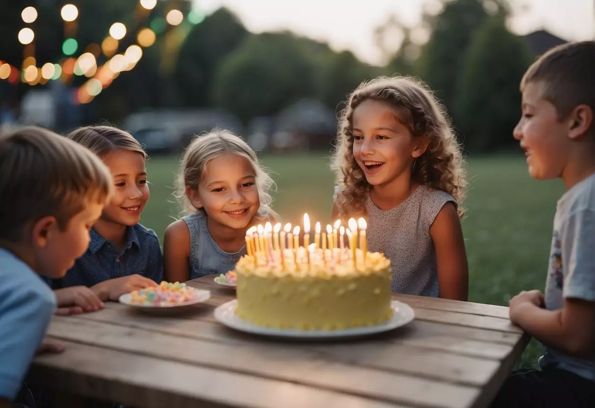 Children playing outdoor games, blowing out candles on a birthday cake, opening presents, and laughing with friends at a 9th birthday party