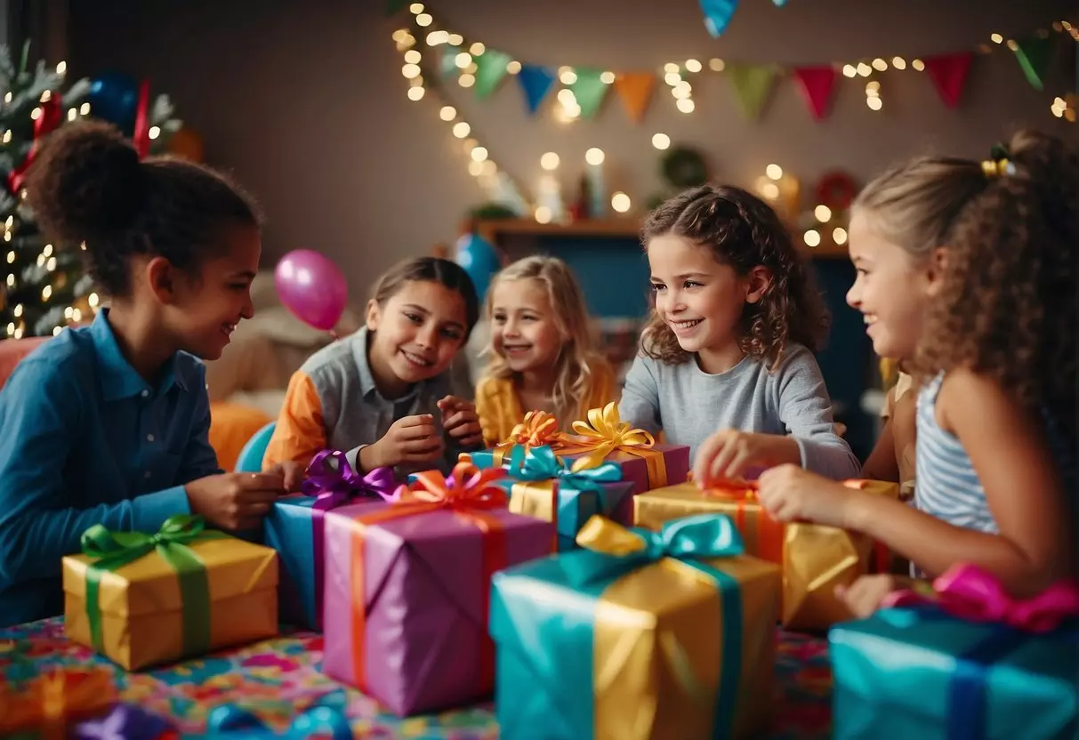 Children playing games, unwrapping presents, and enjoying party favors at a colorful and festive 9th birthday celebration