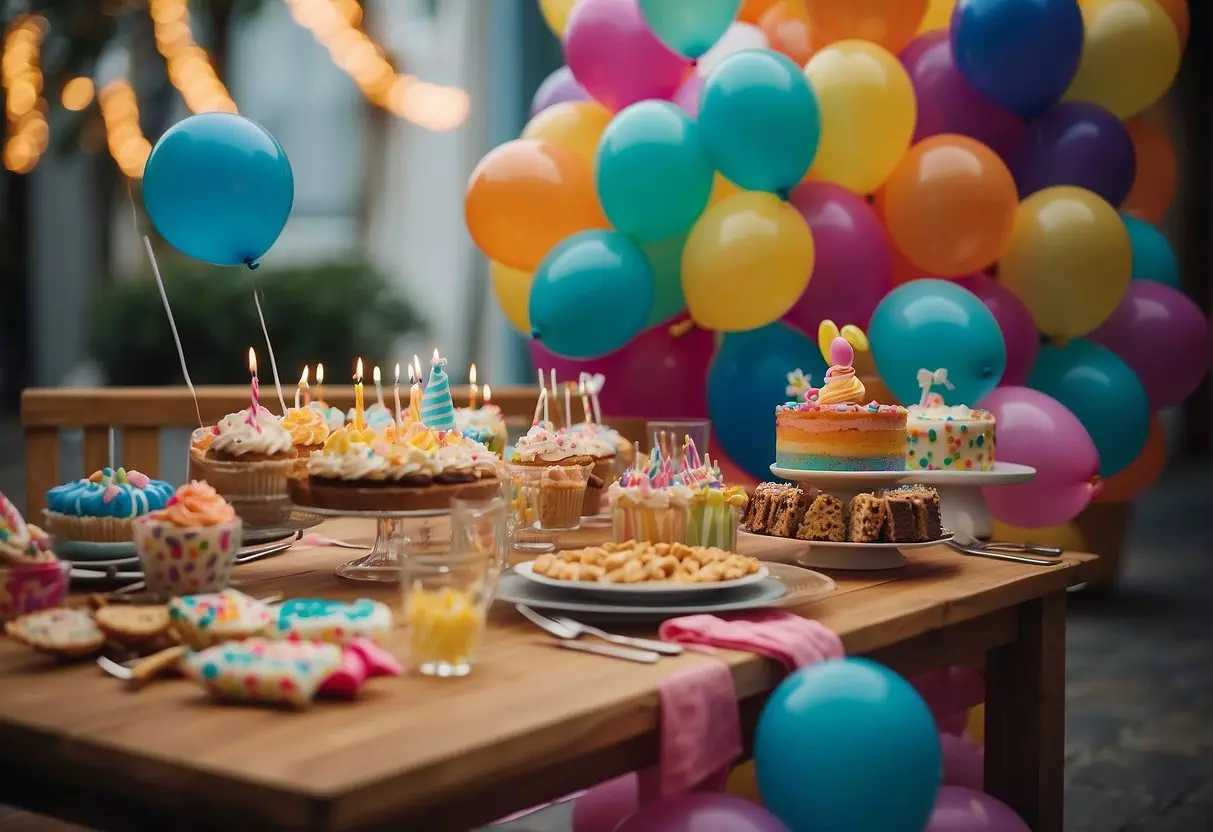 Colorful balloons and streamers decorate a table filled with birthday treats and drinks. Children play games and enjoy the festive atmosphere