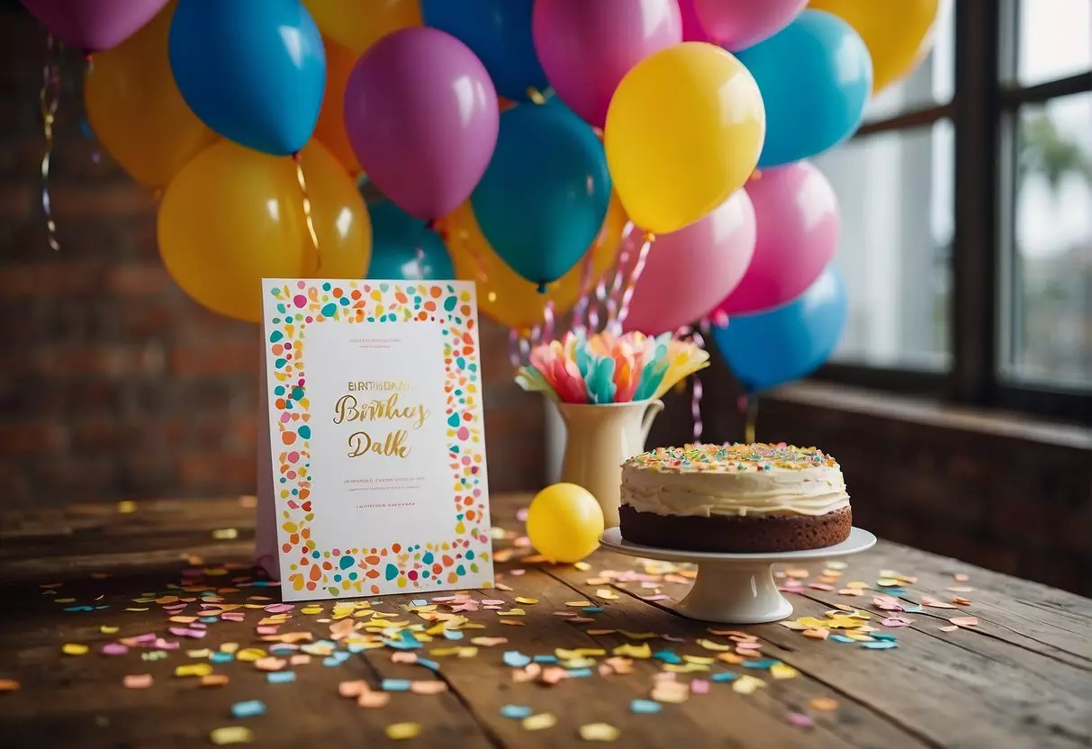 Colorful invitations scattered on a table, surrounded by balloons and streamers. A birthday banner hangs on the wall, and a cake sits in the center of the room