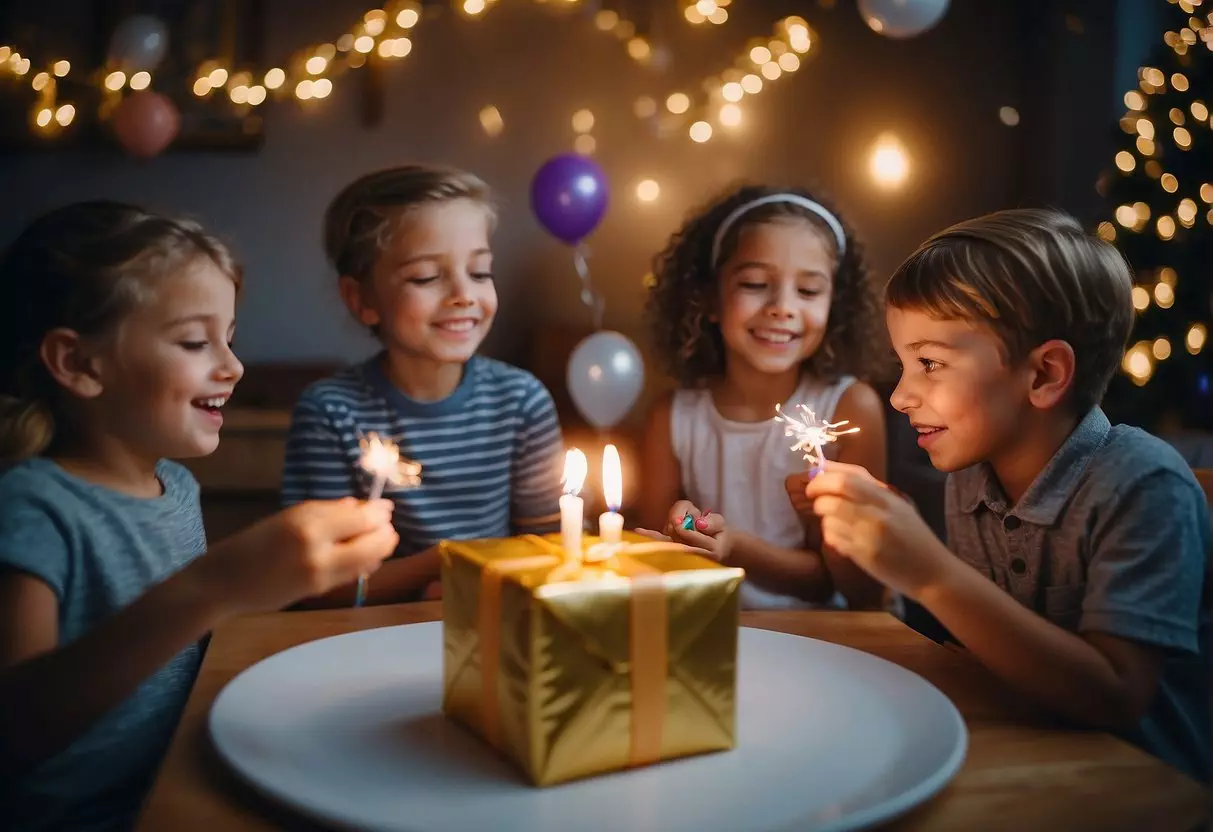 Children playing games, opening presents, and blowing out candles at a birthday party