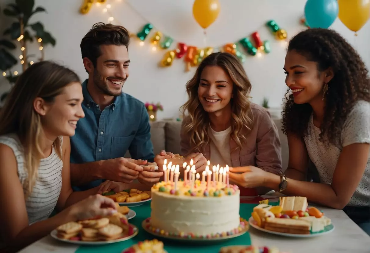 A group of friends gather around a table covered in colorful decorations, presents, and a birthday cake with 13 candles. Laughter fills the air as they play games and enjoy snacks, creating a joyful and festive atmosphere