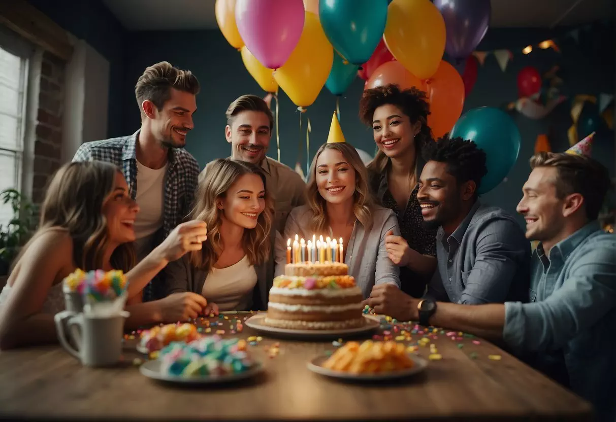 A group of friends gather around a table filled with colorful decorations and a birthday cake. Balloons and streamers adorn the room as they play games and open presents