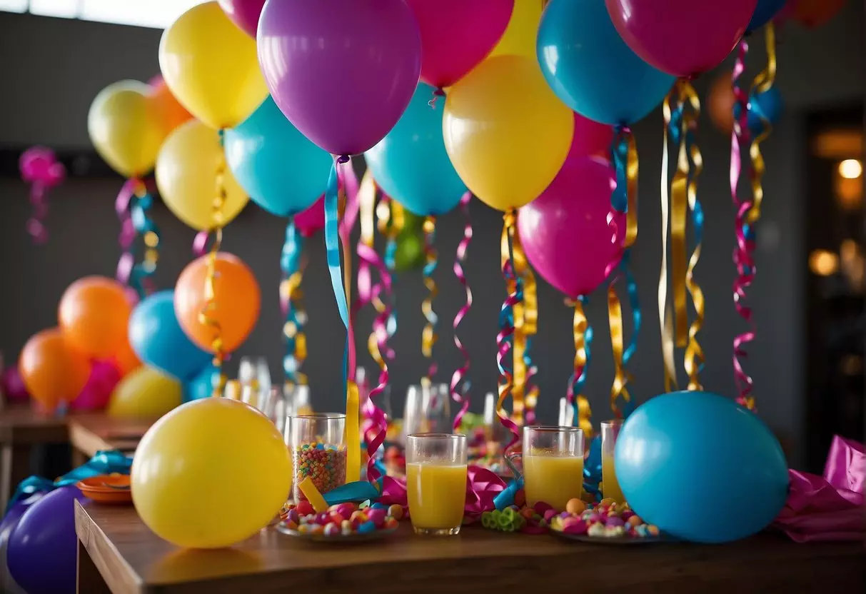 Colorful decorations, balloons, and streamers fill the room. Tables are adorned with themed centerpieces and party favors. A photo booth is set up with fun props. Guests enjoy games and activities like karaoke and DIY crafts