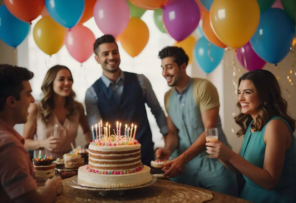 Guests gather around a table with a colorful cake, presents, and balloons. Music plays in the background as everyone celebrates the special occasion