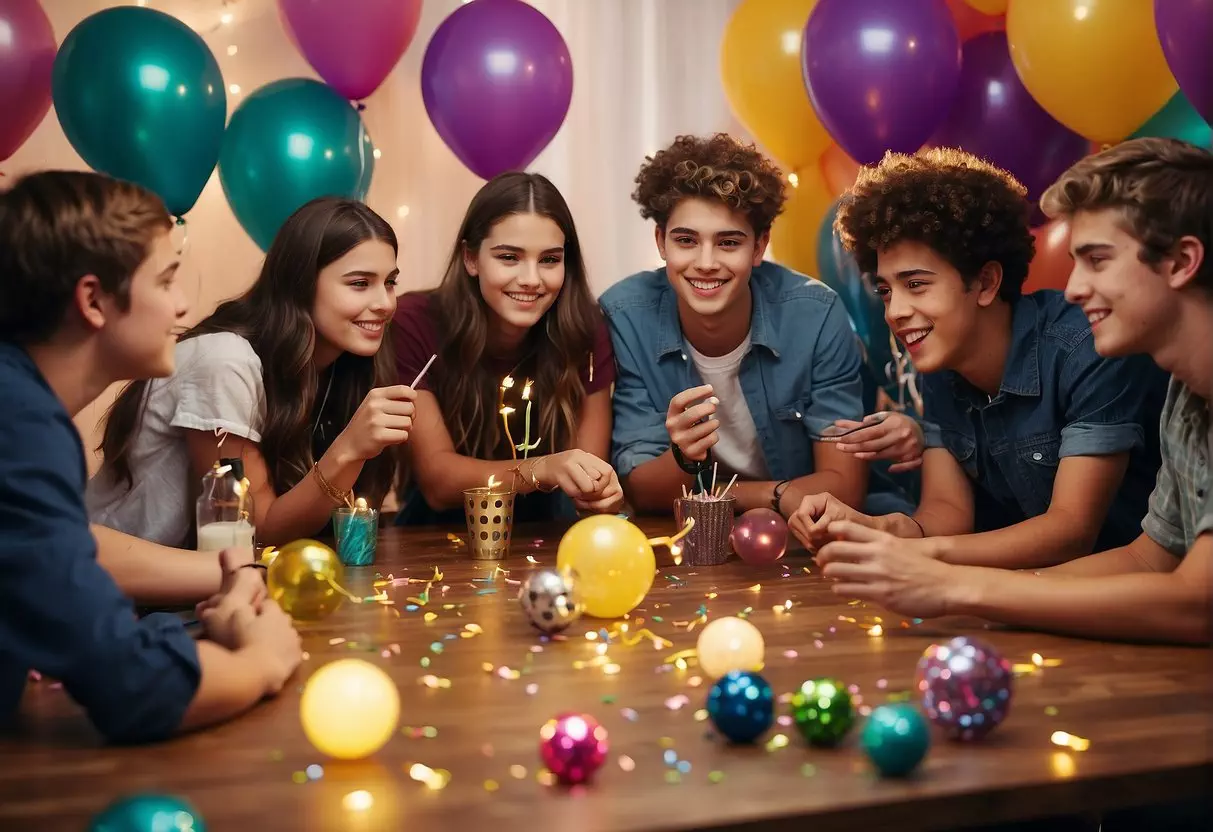 A group of teens brainstorming, surrounded by party decorations and activity ideas for a 15th birthday celebration