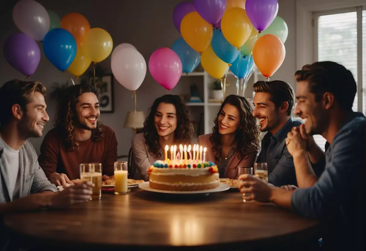 A group of friends gathered around a table covered in colorful decorations, balloons, and a birthday cake with 16 candles. Laughter and excitement fill the air as they exchange gifts and play party games