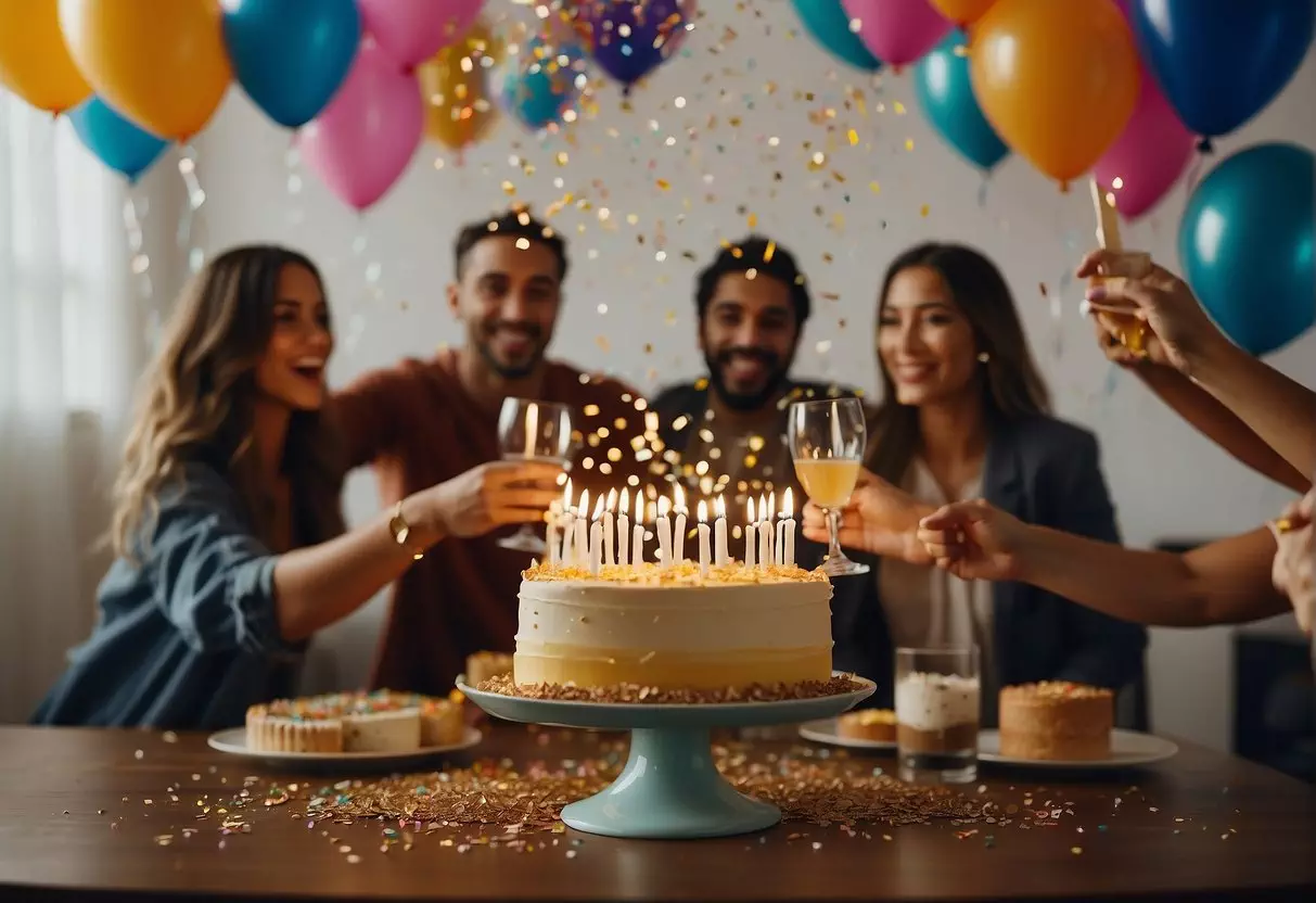 A group of friends cheers with drinks, balloons and confetti fill the air, and a birthday cake with 21 candles sits on a table