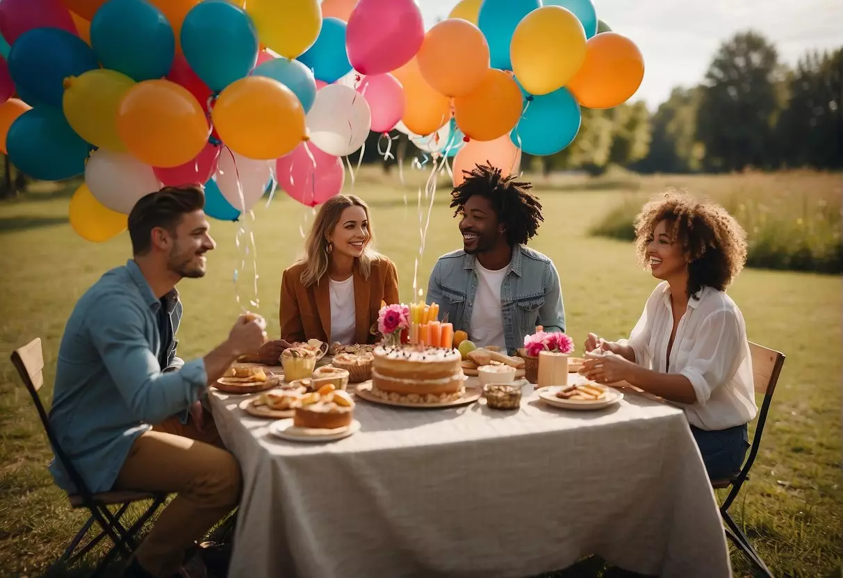 A group of friends celebrate a 24th birthday with a picnic in a sunny park, surrounded by colorful balloons and a large birthday cake