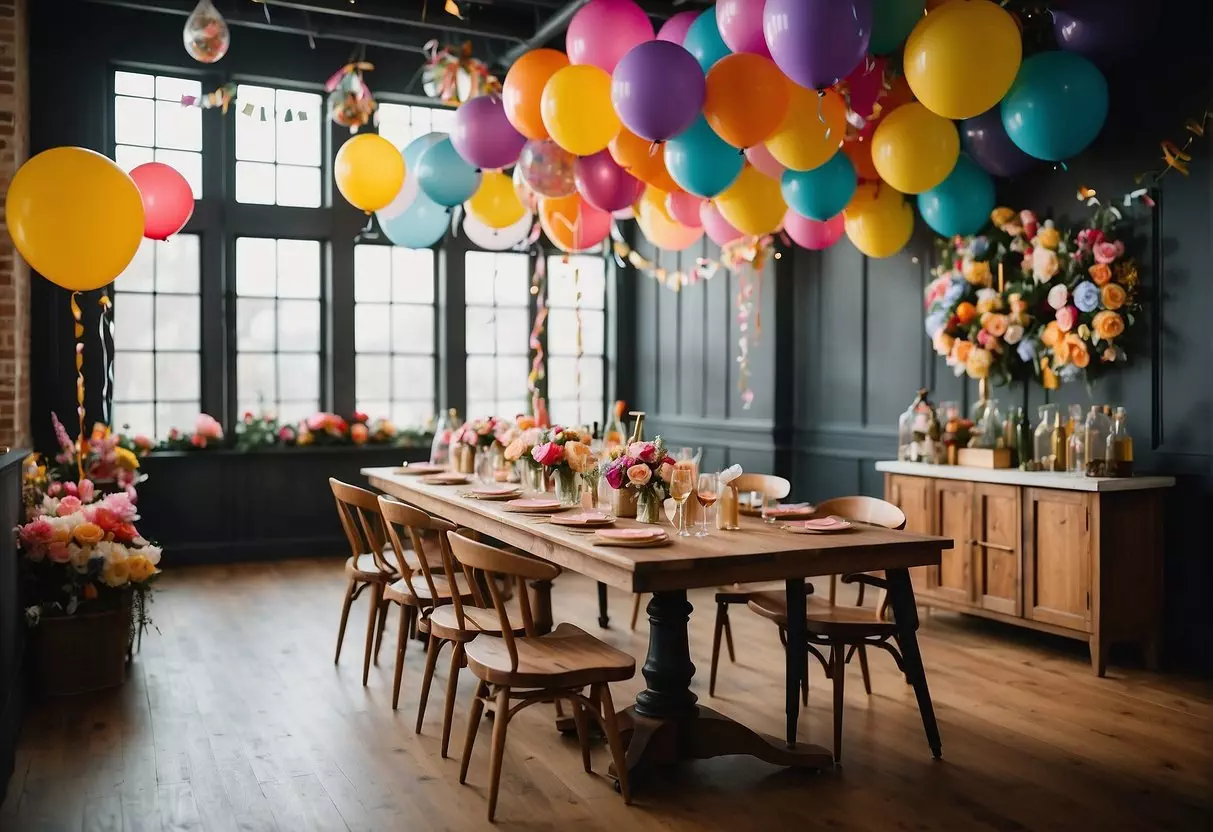 Colorful decorations adorn a spacious room with a large table in the center. Balloons, streamers, and confetti create a festive atmosphere. A photo booth and a DIY cocktail station are set up for guests to enjoy