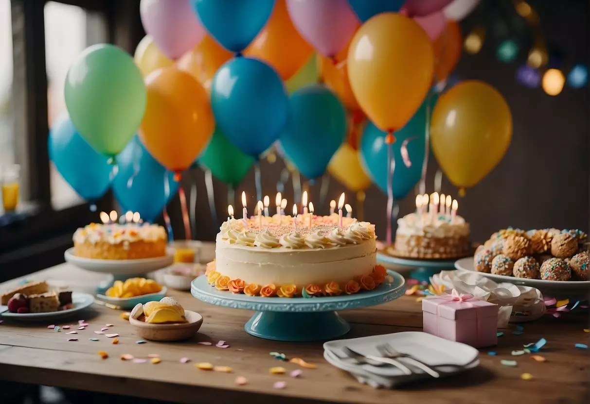 A colorful table set with birthday cake, balloons, and gifts. Streamers and confetti decorate the room. A group of friends gather, laughing and celebrating