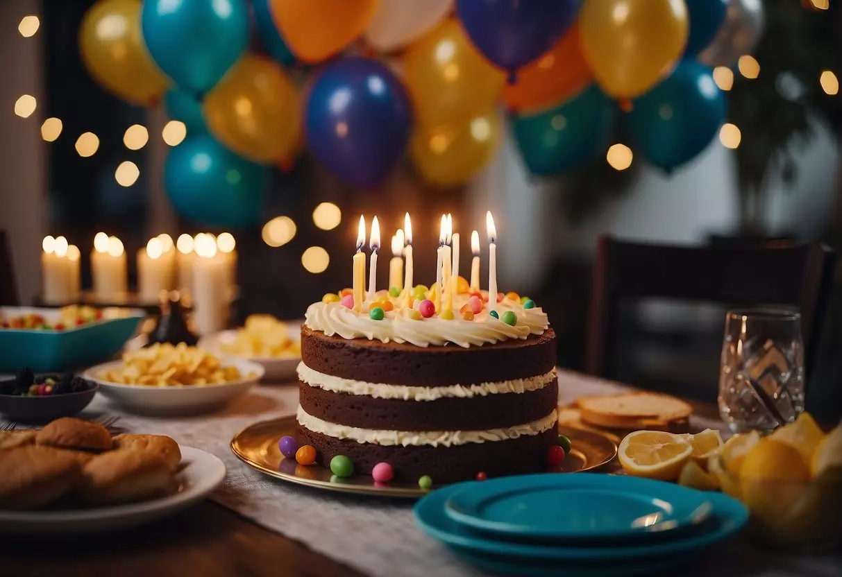 Colorful balloons, a birthday cake with candles, and an array of food and drinks on a decorated table. A festive atmosphere with friends celebrating