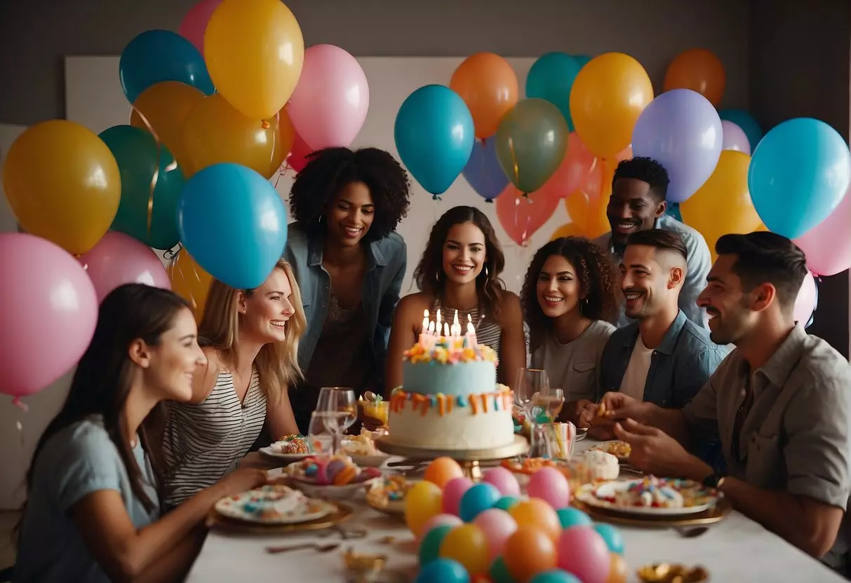 A group of friends gather around a table with colorful decorations and a birthday cake. Balloons and streamers fill the room, creating a festive atmosphere. Gifts and cards are scattered around, adding to the celebratory mood