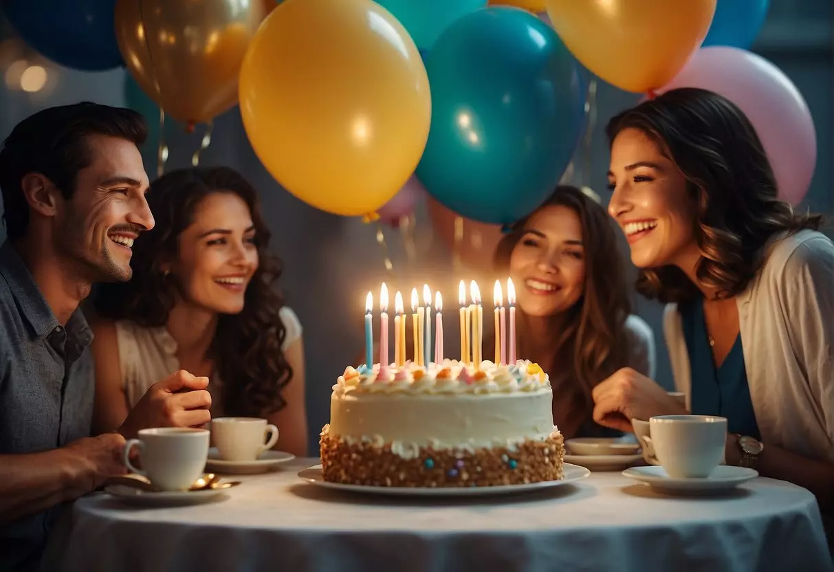 A table set with birthday cake, balloons, and gifts. Friends gather around, laughing and chatting. A banner reads 