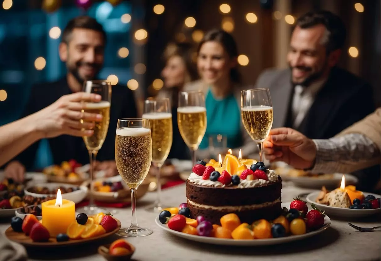 A table filled with colorful decorations, a birthday cake with 32 candles, and a group of friends laughing and toasting with glasses of champagne