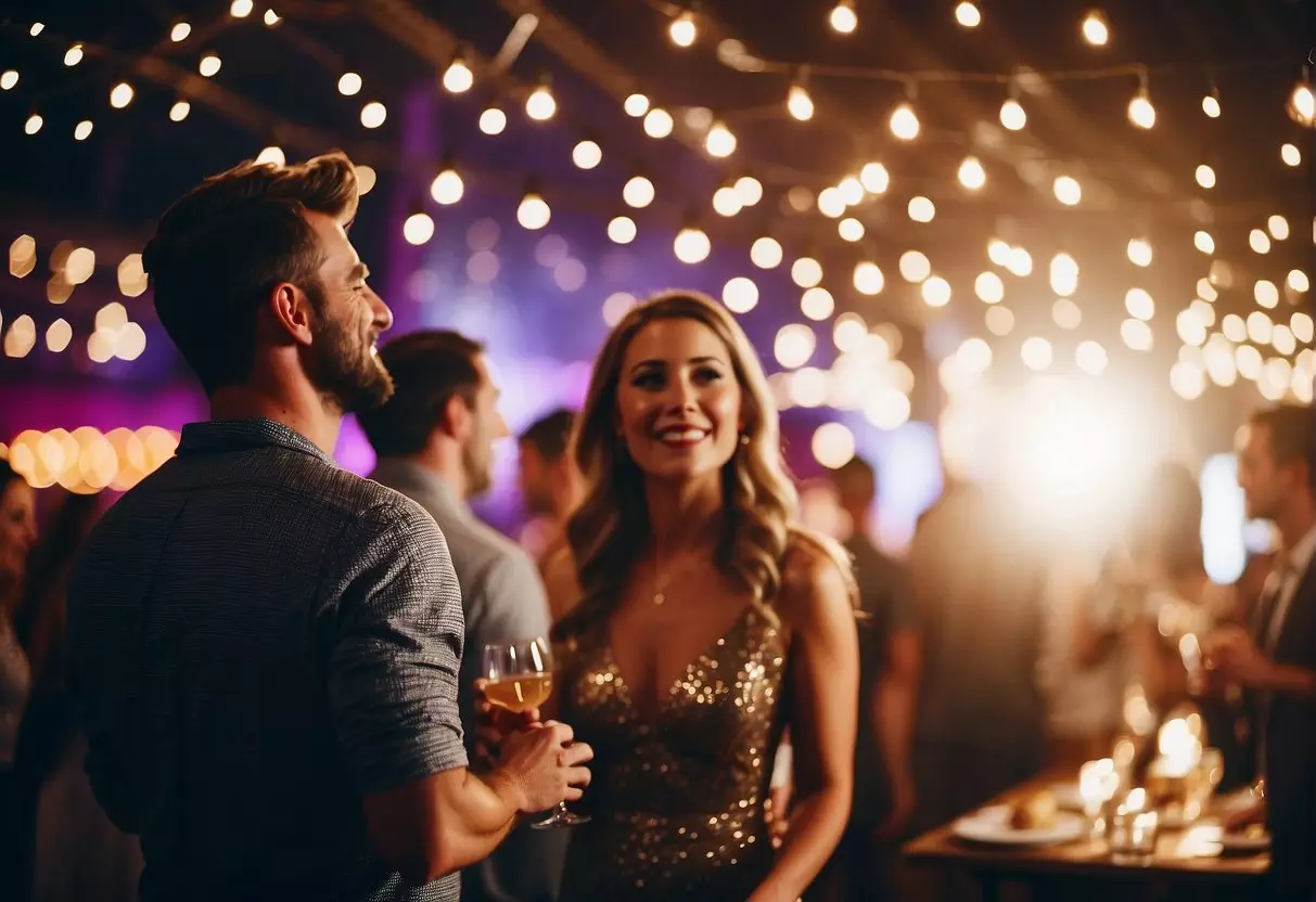 Guests mingling under twinkling lights, a DJ spinning tunes, and a table filled with delicious food and drinks. A photo booth and games add to the festive atmosphere