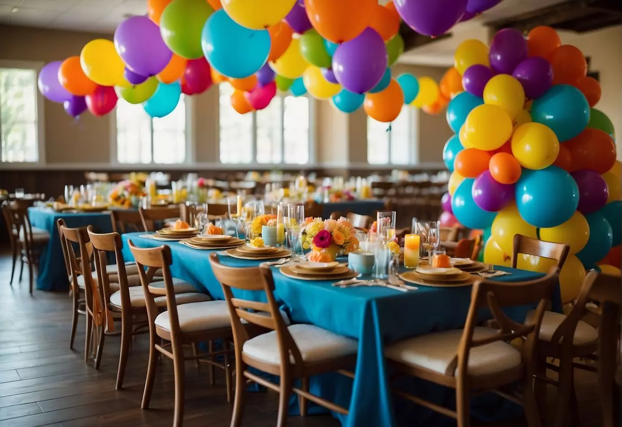 Colorful balloons, streamers, and confetti decorate a vibrant party space. Tables are set with festive centerpieces and party favors. A birthday cake with 