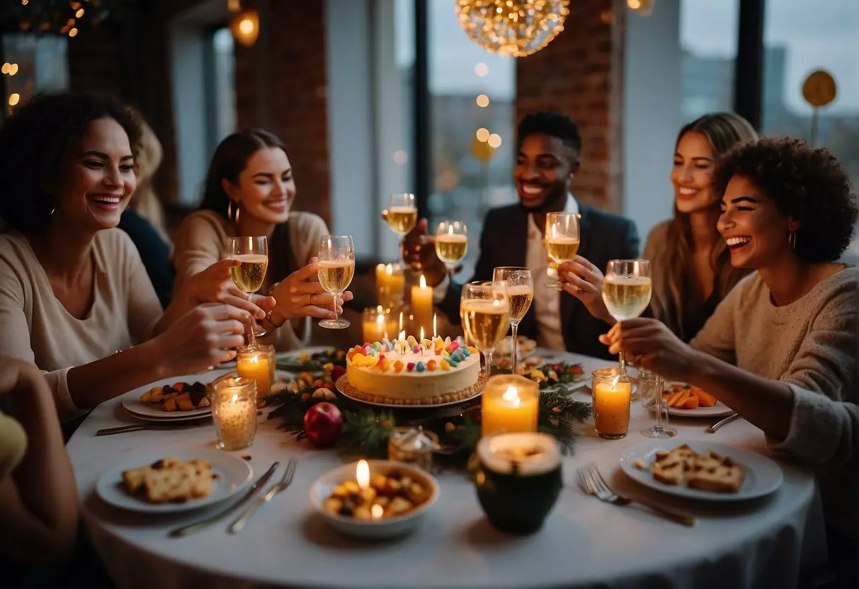 A festive table with colorful decorations, a cake with 