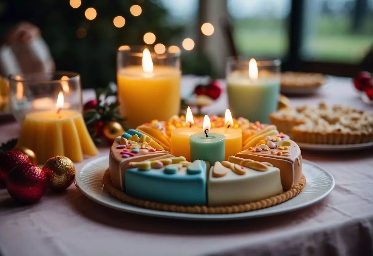 A festive table with colorful decorations, a birthday cake with candles, and a variety of games and activities spread out for guests to enjoy